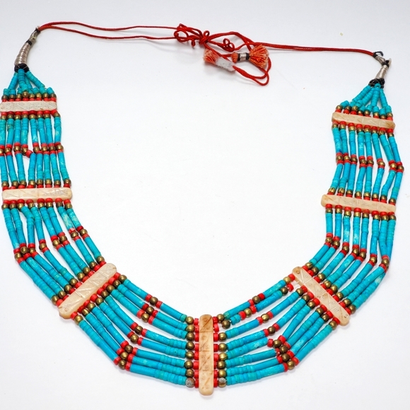 Tribal Blue Turquoise & Red Coral  Necklace Ethnic Bohemian Clay 8 Stran… - Picture 4 of 12